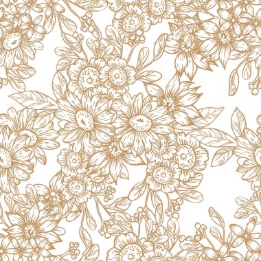 Kahverengi doğrusal çiçekli vektörsüz desen. Tekstil ve albüm tasarımı