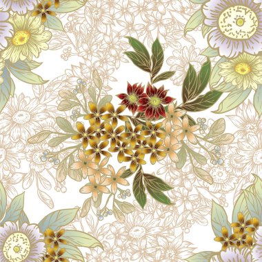 Renkli ve kahverengi doğrusal çiçekli vektörsüz desen. Tekstil ve albüm tasarımı