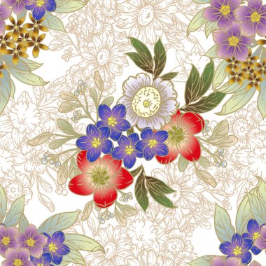 Renkli ve kahverengi doğrusal çiçekli vektörsüz desen. Tekstil ve albüm tasarımı