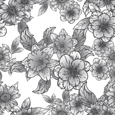 Siyah ve beyaz renkli çiçeklerle kusursuz bir desen. Tekstil ve albüm tasarımı