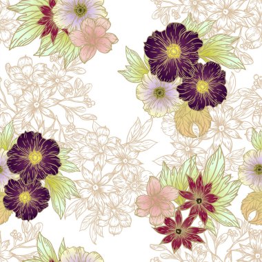 Renkli ve kahverengi doğrusal çiçekli vektörsüz desen. Tekstil ve albüm tasarımı