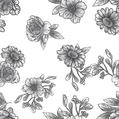 Siyah ve beyaz renkli çiçeklerle kusursuz bir desen. Tekstil ve albüm tasarımı