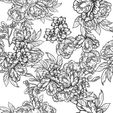 Siyah ve beyaz renkli çiçeklerle kusursuz bir desen. Tekstil ve albüm tasarımı