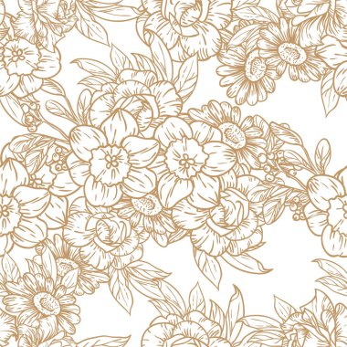 Kahverengi doğrusal çiçekli vektörsüz desen. Tekstil ve albüm tasarımı