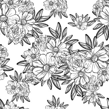 Siyah ve beyaz renkli çiçeklerle kusursuz bir desen. Tekstil ve albüm tasarımı