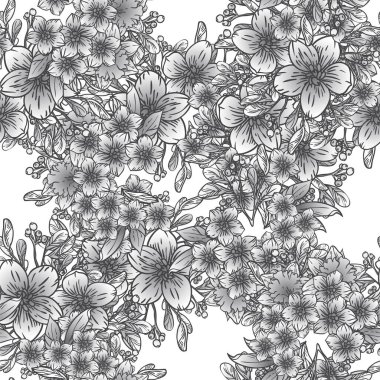 Siyah ve beyaz renkli çiçeklerle kusursuz bir desen. Tekstil ve albüm tasarımı