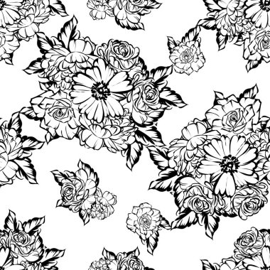Siyah ve beyaz renkli çiçeklerle kusursuz bir desen. Tekstil ve albüm tasarımı