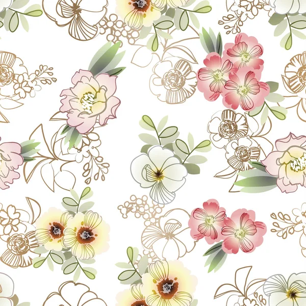 Motif Vectoriel Sans Couture Avec Des Fleurs Colorées Vintage Design — Image vectorielle