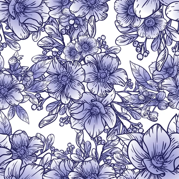 Motif Vectoriel Sans Couture Avec Des Fleurs Bleues Noires Blanches — Image vectorielle