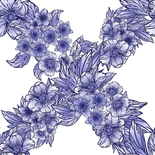 Patrón Sin Costura Vector Con Flores Azules Negras Blancas Diseño — Vector de stock