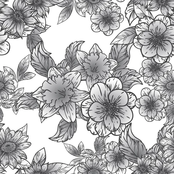 Motif Vectoriel Sans Couture Avec Des Fleurs Vintage Noir Blanc — Image vectorielle