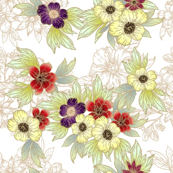 Motif Vectoriel Sans Couture Avec Des Fleurs Colorées Vintage Design — Image vectorielle