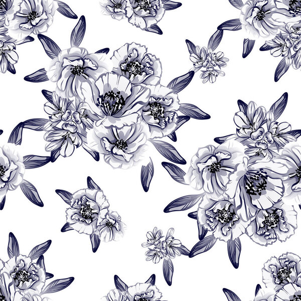 vector seamless pattern with blue, black and white flowers. design for textile and scrapbook