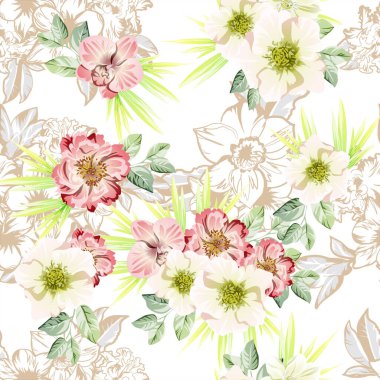 Çiçekli, vektör arkaplanlı, soyut zarafet kusursuz desen