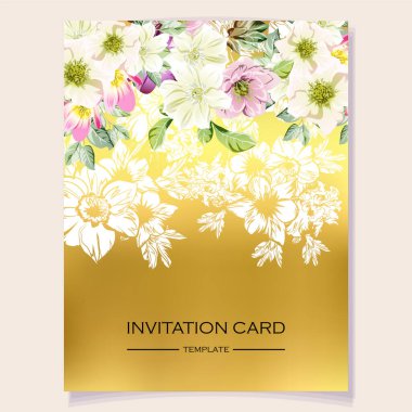 Çiçek arkaplanlı davetiye kartı. Düğün davetiyesi, teşekkür kartı, tarih kartı vektör şablonunu kaydet