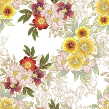 Çiçekli, vektör arkaplanlı, soyut zarafet kusursuz desen