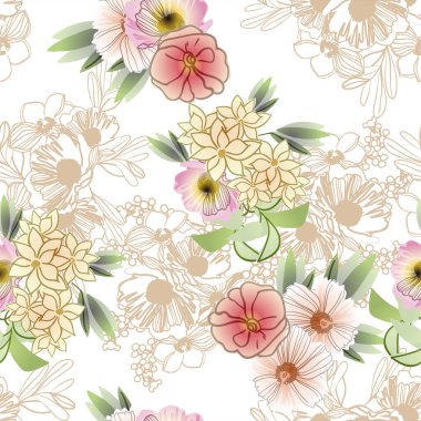 Çiçekli, vektör arkaplanlı, soyut zarafet kusursuz desen