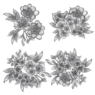 Çiçeklerle soyut zarafet ve kusursuz siyah beyaz arkaplan