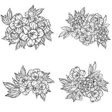 Çiçeklerle soyut zarafet ve kusursuz siyah beyaz arkaplan