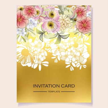 Çiçekler ve davetiye kartıyla soyut zarafet arkaplanı