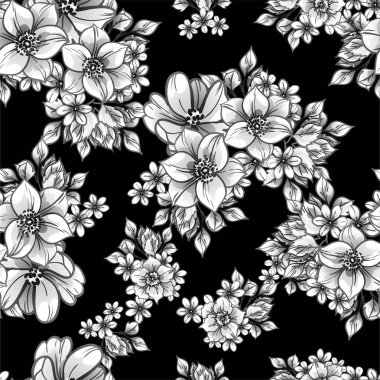 Çiçeklerle soyut zarafet ve kusursuz siyah beyaz arkaplan