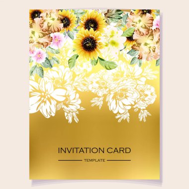 Çiçekler ve davetiye kartıyla soyut zarafet arkaplanı