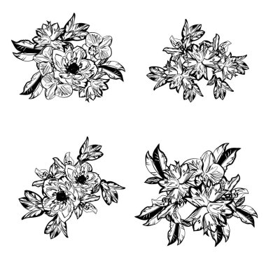 Çiçeklerle soyut zarafet ve kusursuz siyah beyaz arkaplan