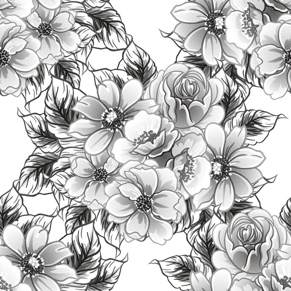 Abstrakcyjna Elegancja Bezszwowe Czarno Białe Tło Kwiatami — Wektor stockowy