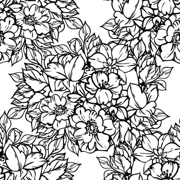 Élégance Abstraite Fond Noir Blanc Sans Couture Avec Des Fleurs — Image vectorielle