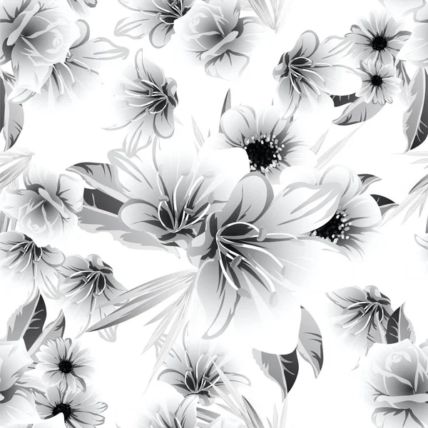 Elegancia Abstracta Sin Costuras Fondo Blanco Negro Con Flores — Archivo Imágenes Vectoriales
