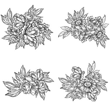 Çiçeklerle soyut zarafet ve kusursuz siyah beyaz arkaplan