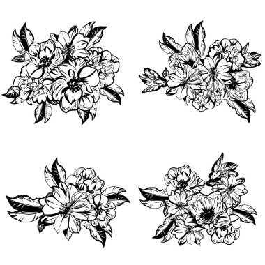 Çiçeklerle soyut zarafet ve kusursuz siyah beyaz arkaplan