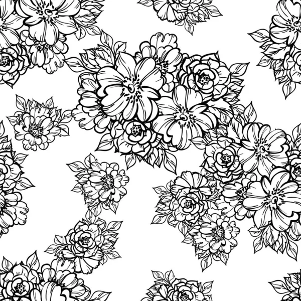 Elegancia Abstracta Sin Costuras Fondo Blanco Negro Con Flores — Vector de stock