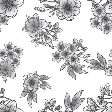 Çiçeklerle soyut zarafet ve kusursuz siyah beyaz arkaplan