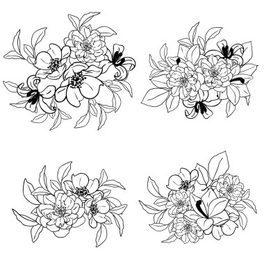 Beyaz arkaplanda siyah çiçek etiketleri var.