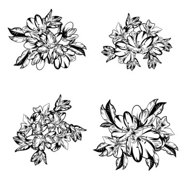 Beyaz arkaplanda siyah çiçek etiketleri var.