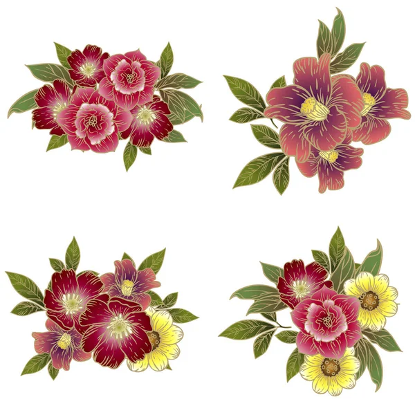 Beyaz arkaplanda dört renkli çiçek etiketi var.