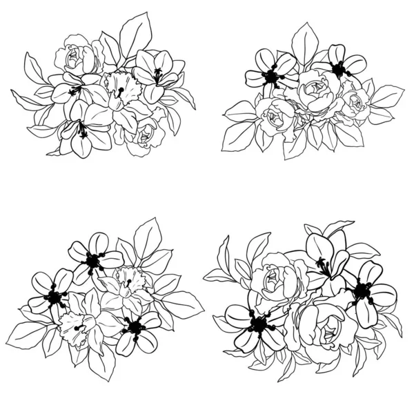 Набір Чорних Квіткових Наклейок Ізольовані Білому Тлі — стоковий вектор