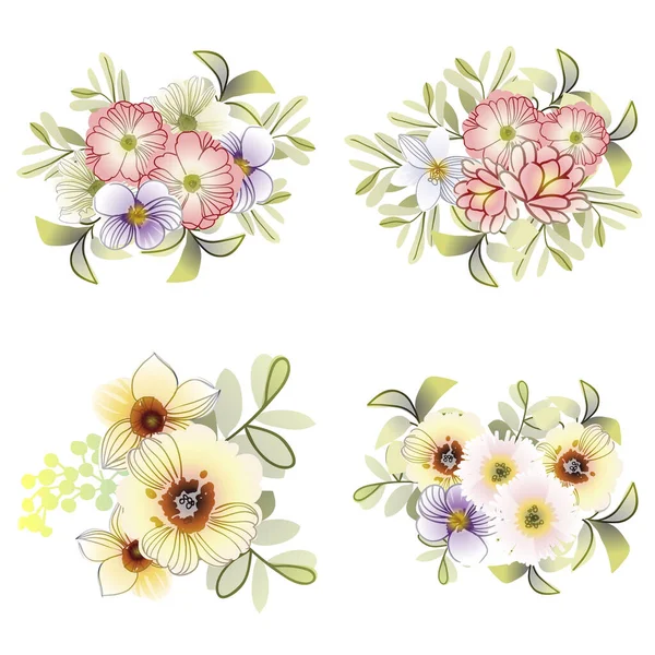 Ensemble Quatre Autocollants Floraux Colorés Isolés Sur Fond Blanc — Image vectorielle