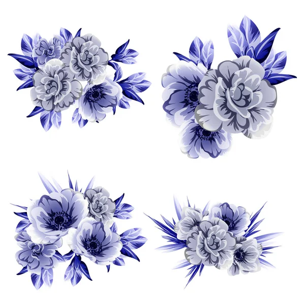 Sada Modrých Květinové Samolepky Izolované Bílém Pozadí — Stockový vektor