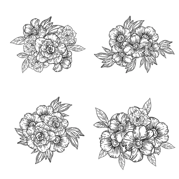 Patrón Flores Monocromáticas Elementos Florales Engastados Blanco Negro — Vector de stock