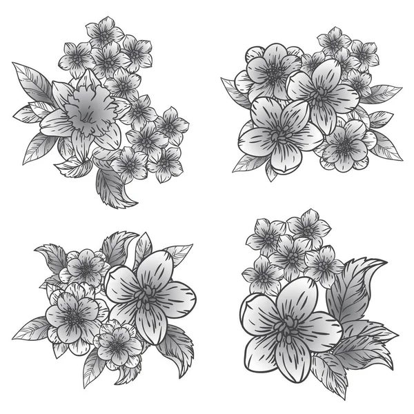 Монохромний Квітковий Візерунок Квіткові Елементи Встановлені Чорно Білому — стоковий вектор