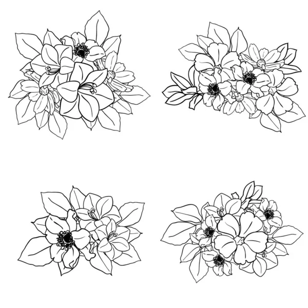 Monochrome Flowers Pattern Floral Elements Set Black White — Stock Vector