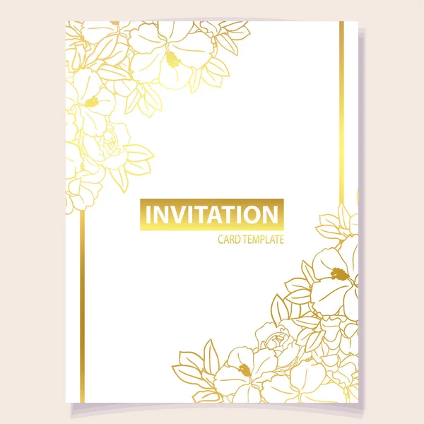 Vintage Invitation Golden Flowers Wedding Marriage Bridal Floral Events Vector — Stock Vector