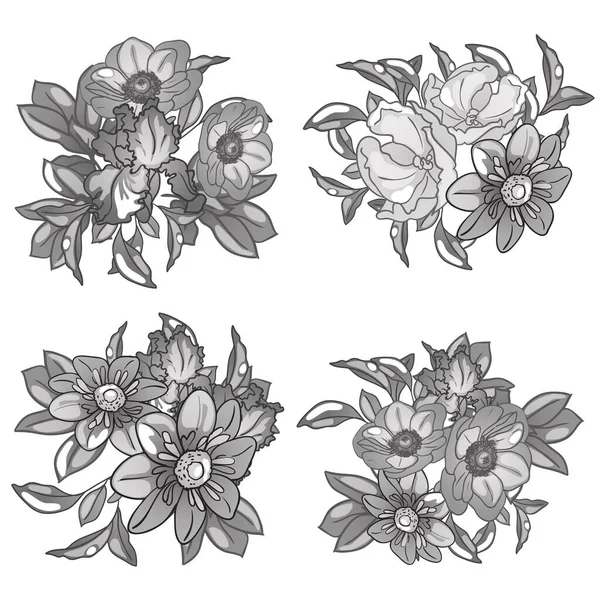 Monochrome Flowers Pattern Floral Elements Set Black White — Stock Vector