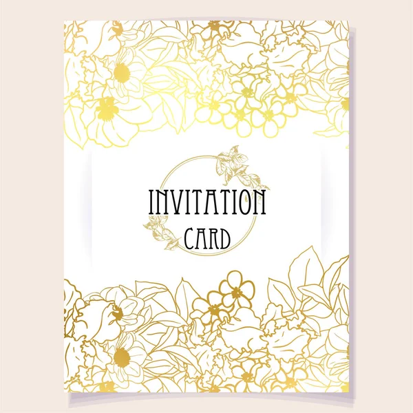 Vintage Invitation Golden Flowers Wedding Marriage Bridal Floral Events Vector — Stock Vector