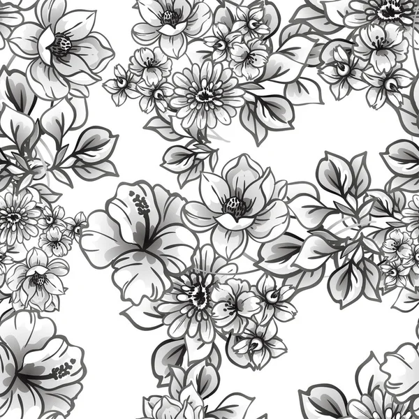 Patrón Inconsútil Floral Monocromo Con Flores Elementos Diseño Para Tarjetas — Archivo Imágenes Vectoriales