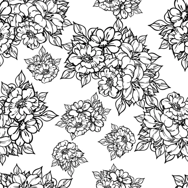 Motif Floral Monochrome Sans Couture Avec Des Fleurs Éléments Conception — Image vectorielle
