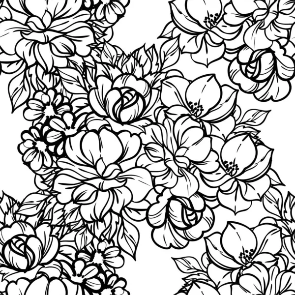 Patrón Inconsútil Floral Monocromo Con Flores Elementos Diseño Para Tarjetas — Archivo Imágenes Vectoriales