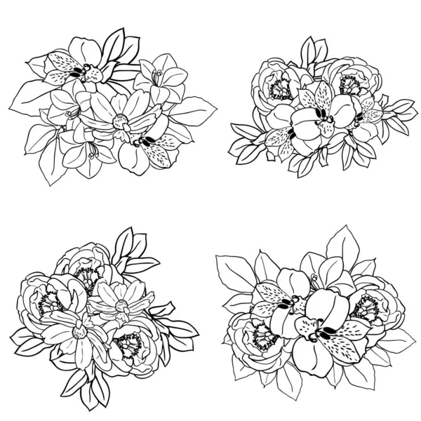 Monochrome Flowers Pattern Floral Elements Set Black White — Stock Vector